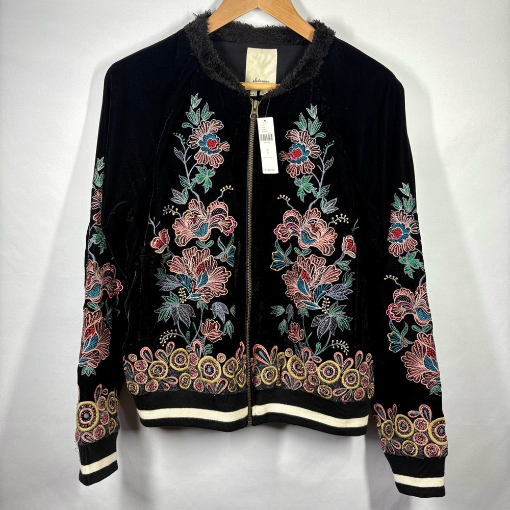 NWT Anthropologie ELEVENSES Beaded & Embroidered Bomber Jacket in Black Floral